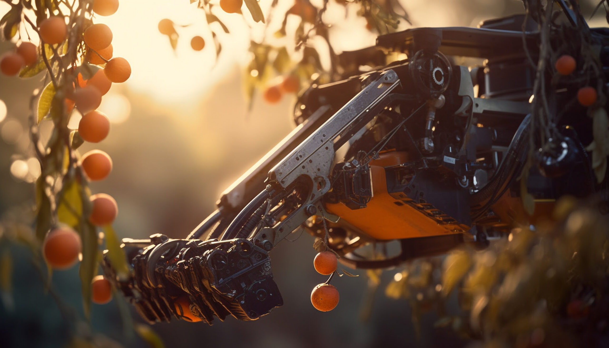 Steel machinery in agriculture working outdoors at sunset generated by artificial intelligence